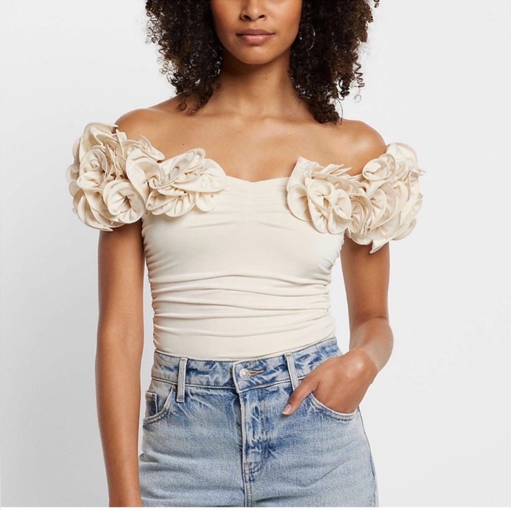 Express Cream Off-Shoulder Floral Applique Camisole